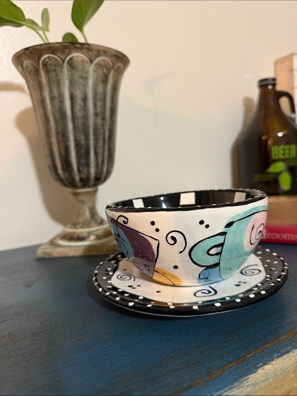 Hand-Painted Multicolor Ceramic Teacup with Saucer - Artist-Style